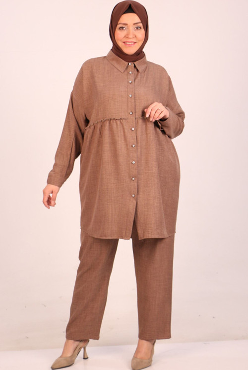 47002 Plus Size Shir Detailed Linen Airobin Pantolonlu Suit-Mink