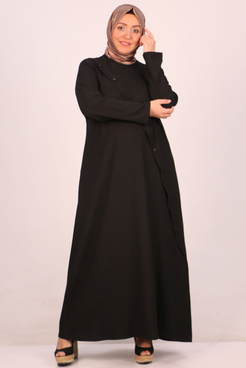 42005 Plus Size Button Detailed Bürümcük Dress-Black