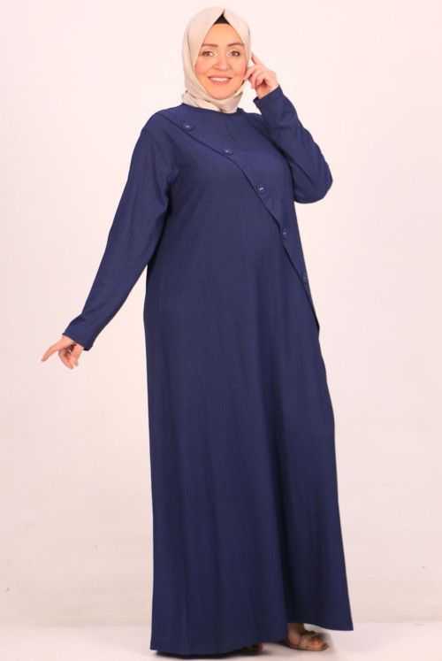 42005 Plus Size Button Detailed Bürümcük Dress-Navy blue