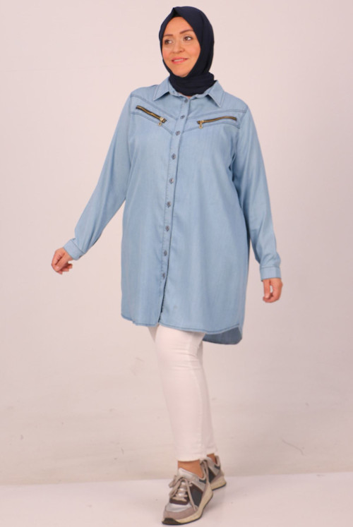 38122 Plus Size Zipper Detailed Liyosel Jeans Shirt-Buz Blue
