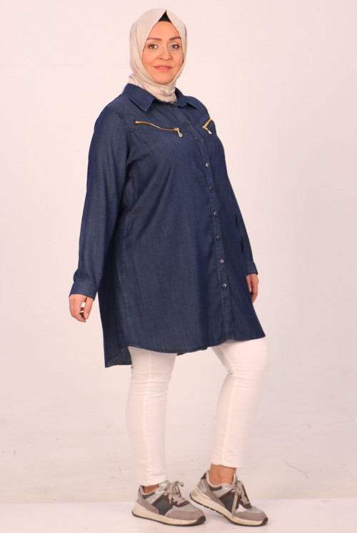 38122 Plus Size Zipper Detailed Liyosel Jeans Shirt-Navy blue