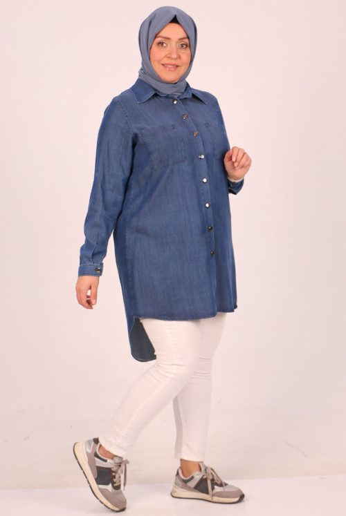 38081 Plus Size Button Liyosel Jeans Shirt-Blue