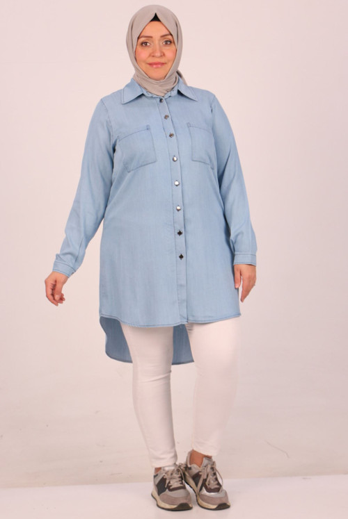 38081 Plus Size Button Liyosel Jeans Shirt-Buz Blue