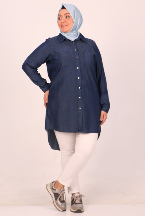 38081 Plus Size Button Liyosel Jeans Shirt-Navy blue