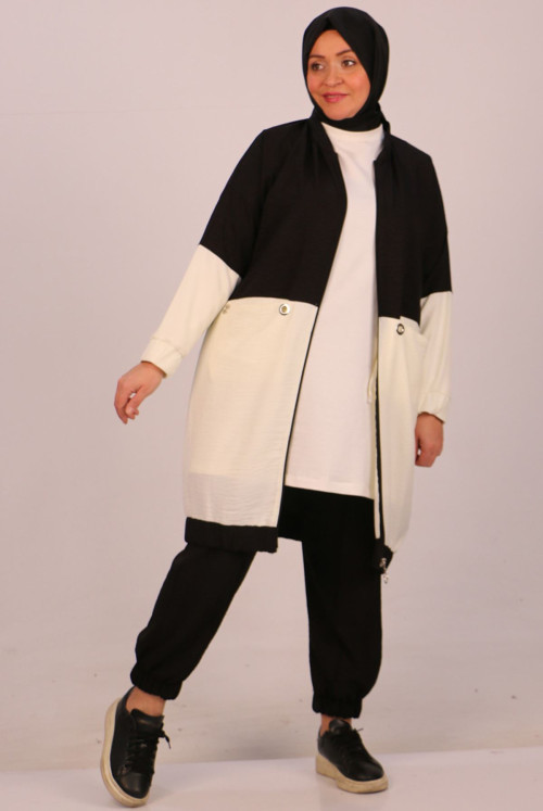 47009 Plus Size Elastic Linen Airobin Pantolonlu Suit - Black
