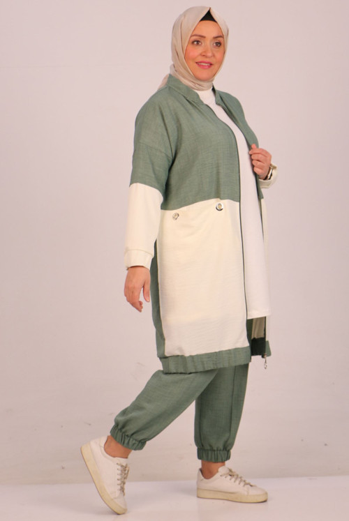 47009 Plus Size Elastic Linen Airobin Pantolonlu Suit - Nefti