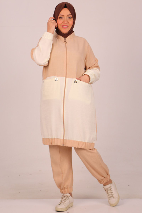 47009 Plus Size Elastic Linen Airobin Pantolonlu Suit - Beige