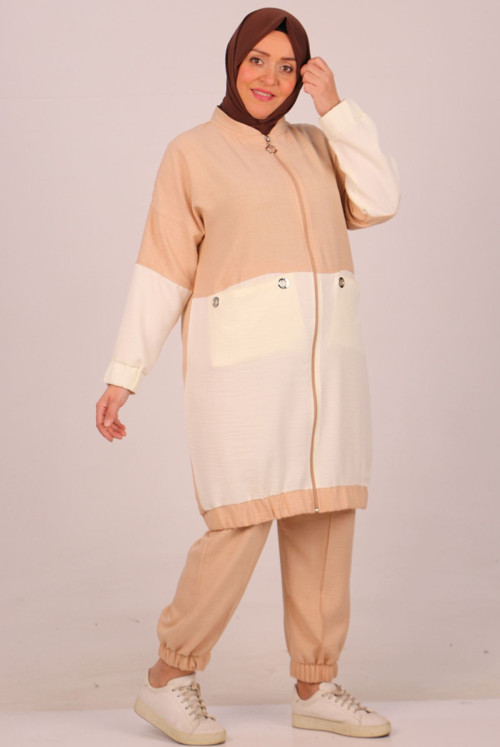 47009 Plus Size Elastic Linen Airobin Pantolonlu Suit - Beige