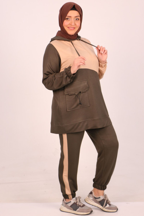 47014 Plus Size Topped Two Yarn Netting Kristal Track suit suit-Khaki