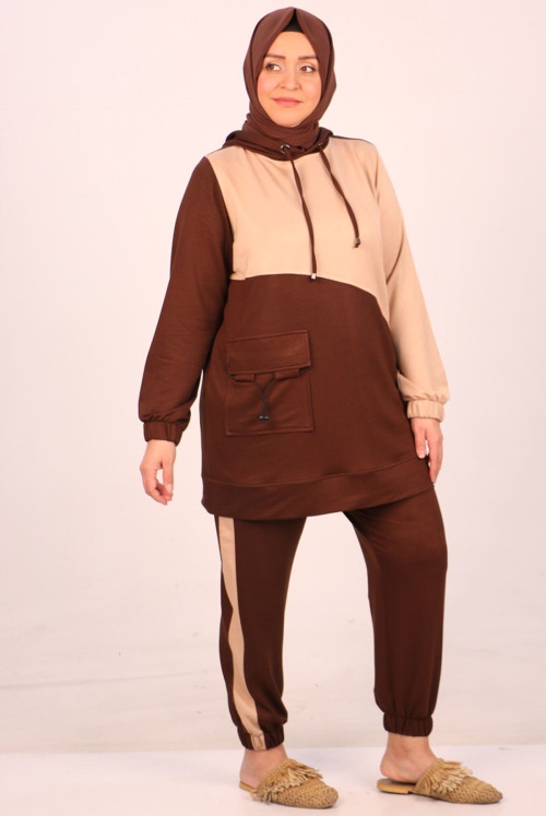 47014 Plus Size Topped Two Yarn Netting Kristal Track suit suit-Brown