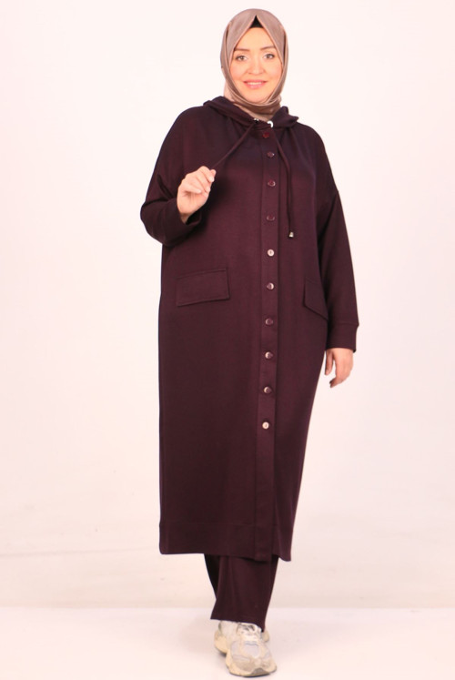 47016 Plus Size Front Button Kristal Two Yarn Netting Track suit suit-Damson