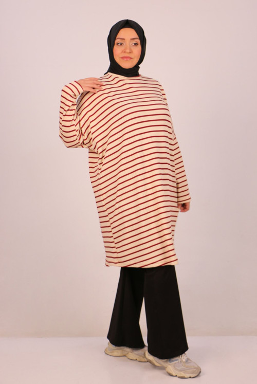 48014 Plus Size Düşük Arm Striped Tunics-Beige Claret Red