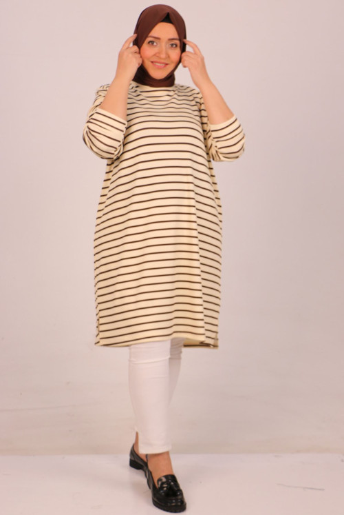 48016  Plus Size  Striped Basic Tunics-Beige Brown