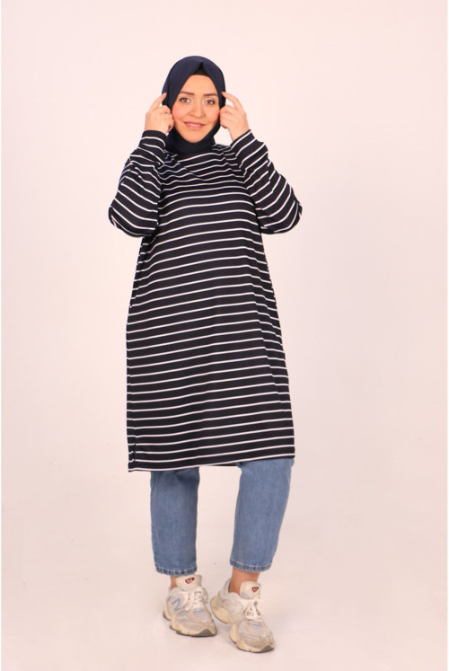 48016  Plus Size  Striped Basic Tunics-Navy blue Striped