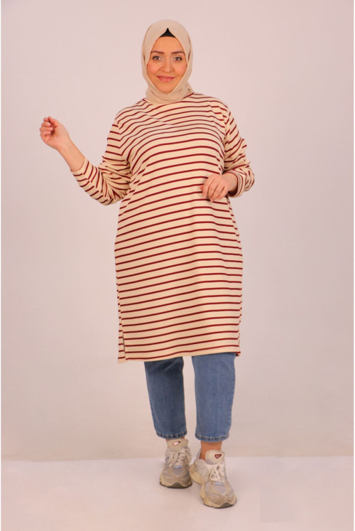 48016  Plus Size Striped Basic Tunics-Beige Claret Red