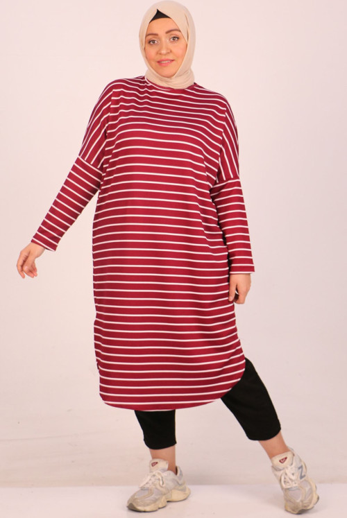 48015 Plus Size Düşük Arm Striped Long Tunics-Claret Red Striped