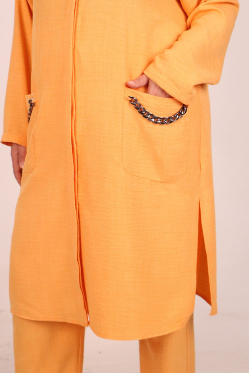47020 Plus Size Zincir Detailed Linen Airobin Pantolonlu Suit-Yellow