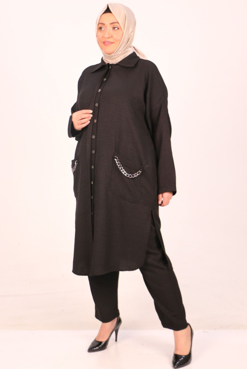 47020 Plus Size Zincir Detailed Linen Airobin Pantolonlu Suit-Black
