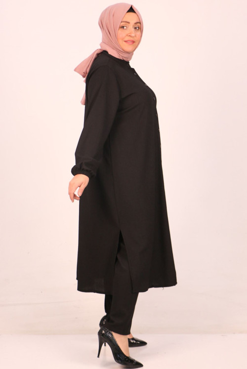 47030 Plus Size Judge Collar Bürümcük Pantolonlu Suit-Black