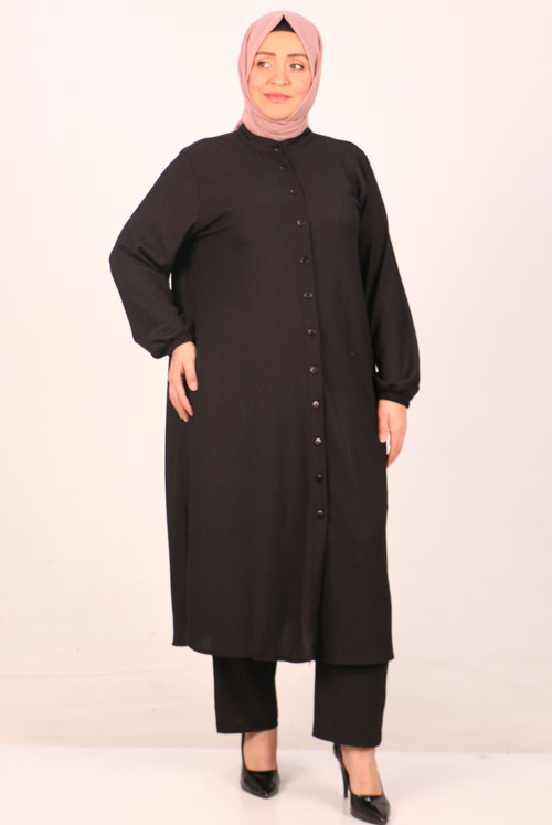 47030 Plus Size Judge Collar Bürümcük Pantolonlu Suit-Black