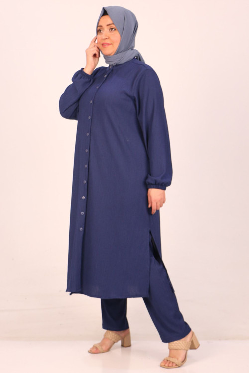 47030 Plus Size Judge Collar Bürümcük Pantolonlu Suit-Navy blue