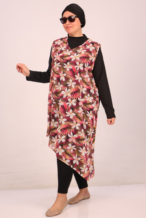 1723 Plus Size Long Arm Şifon Pareolu Hijab Swimsuit Suit - Coral