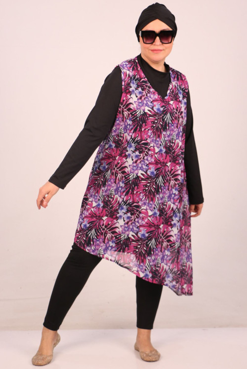 1723 Plus Size Long Arm Şifon Pareolu Hijab Swimsuit Suit-Purple