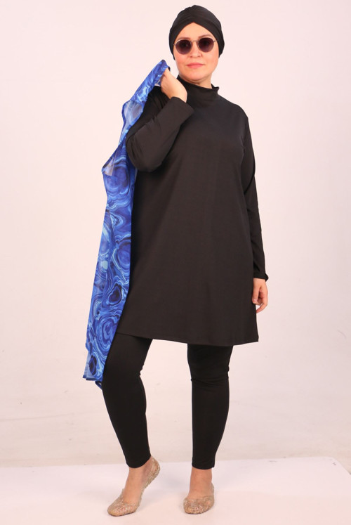 1723 Plus Size Long Arm Şifon Pareolu Hijab Swimsuit Suit-Aqua Blue