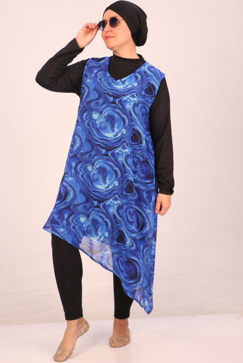 1723 Plus Size Long Arm Şifon Pareolu Hijab Swimsuit Suit-Aqua Blue