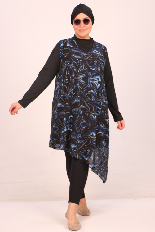 1723 Plus Size Long Arm Hijab Swimsuit Suit - Blue