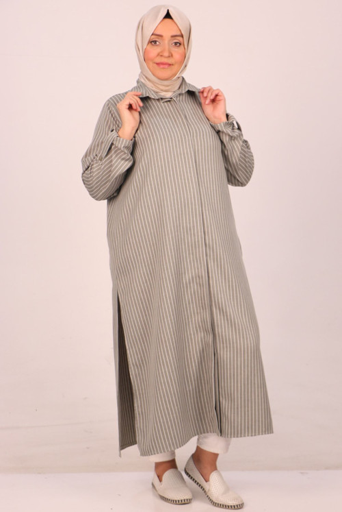 48007-Plus Size aubergine Button Dokuma Fabric Shirt - Striped Nefti