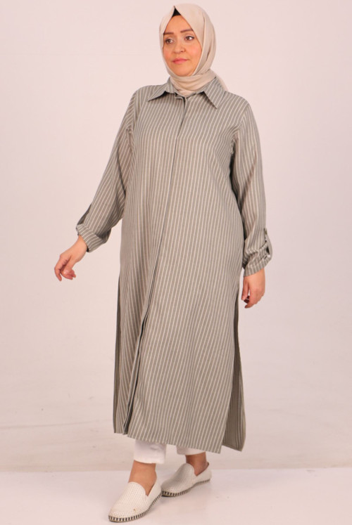 48007-Plus Size aubergine Button Dokuma Fabric Shirt - Striped Nefti