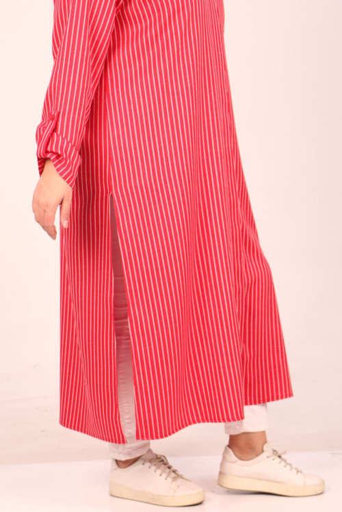 48007-Plus Size aubergine Button Dokuma Fabric Shirt -  Striped Red
