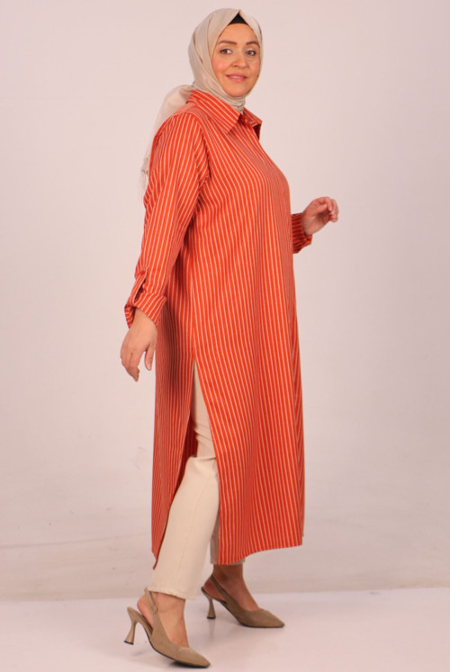 48007-Plus Size aubergine Button Dokuma Fabric Shirt -  Striped Tile