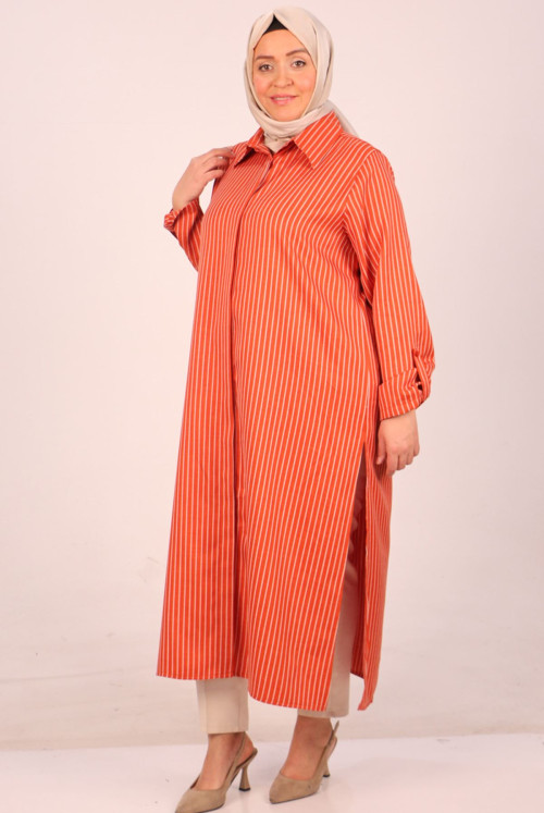 48007-Plus Size aubergine Button Dokuma Fabric Shirt -  Striped Tile