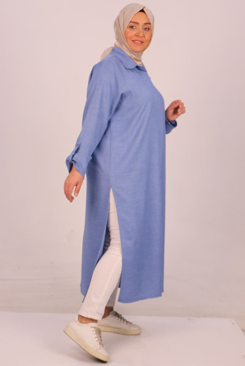 48007-Plus Size aubergine Button Dokuma Fabric Shirt -  Blue