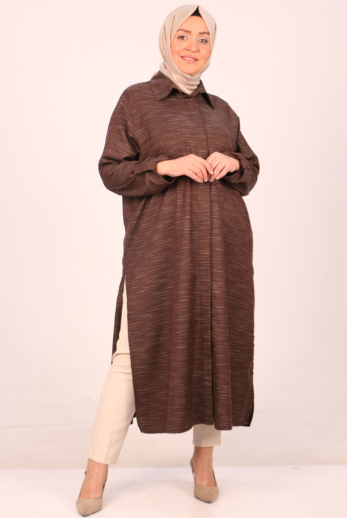 48007-Plus Size aubergine Button Dokuma Fabric Shirt -  Brown