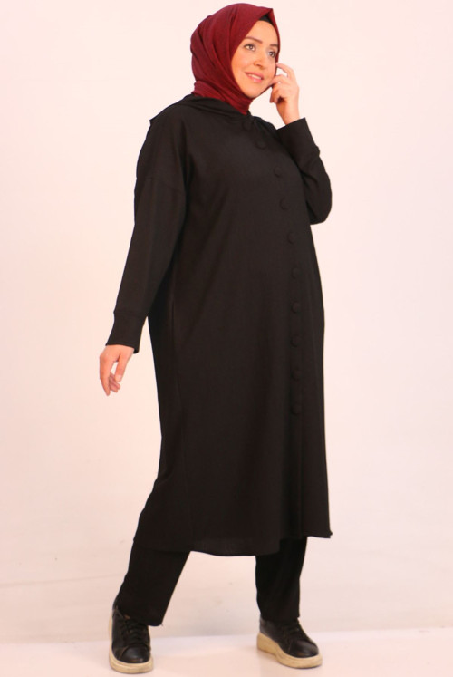 47019-Plus Size Bürümcük Hooded Embroidered Suit - Black