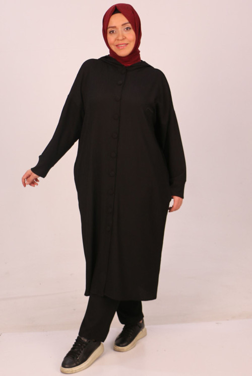 47019-Plus Size Bürümcük Hooded Embroidered Suit - Black