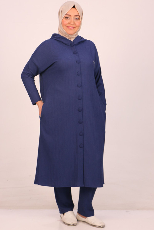 47019-Plus Size Bürümcük Hooded Embroidered Suit - Navy blue
