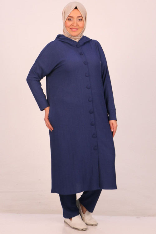 47019-Plus Size Bürümcük Hooded Embroidered Suit - Navy blue