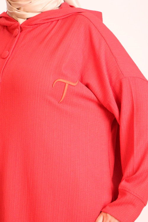 47019-Plus Size Bürümcük Hooded Embroidered Suit - Narçiçeği