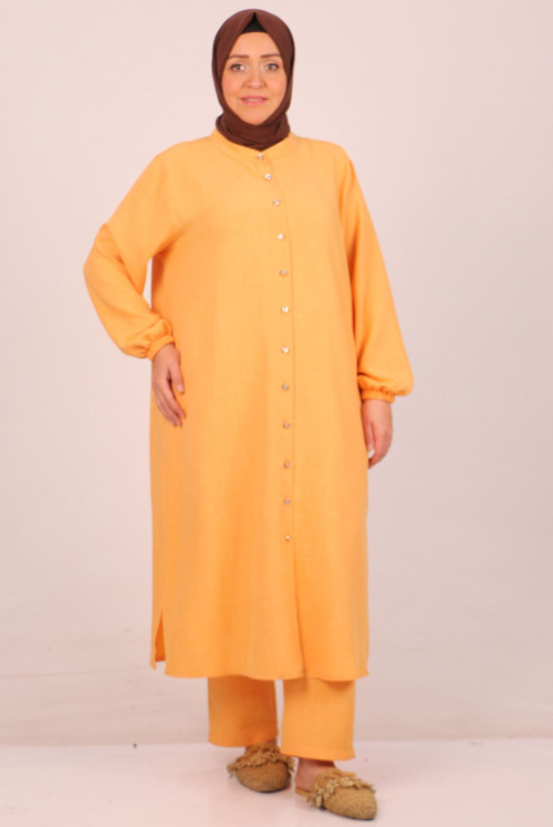 47018 Plus Size Judge Collar Linen Airobin Pantolonlu Suit-Yellow