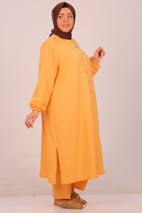 47018 Plus Size Judge Collar Linen Airobin Pantolonlu Suit-Yellow