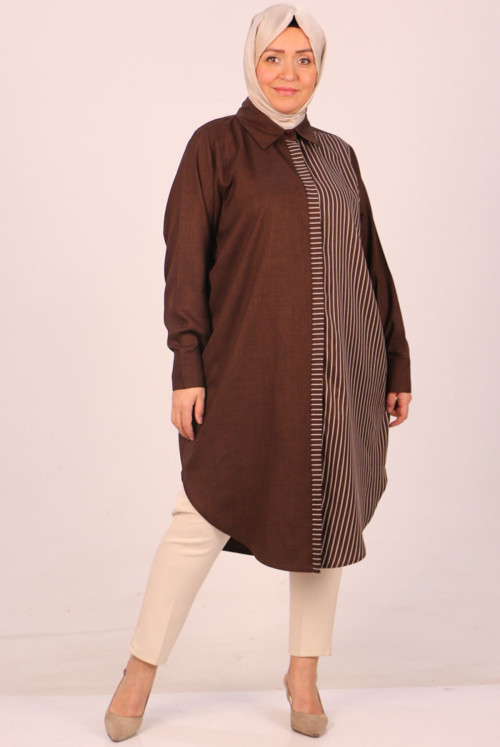 48008 Plus Size Lined Kombinli Dokuma Fabric Shirt-Brown