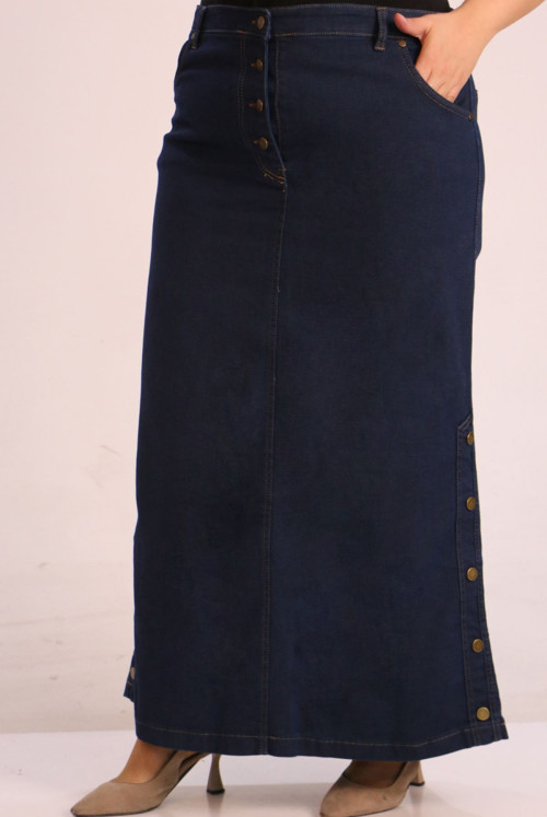 45001 Plus Size Yandan Button Jeans Skirt-Navy blue