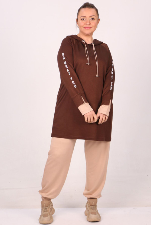 47015 Plus Size arm Baskılı Kristal Two Yarn Netting Track suit suit-Brown
