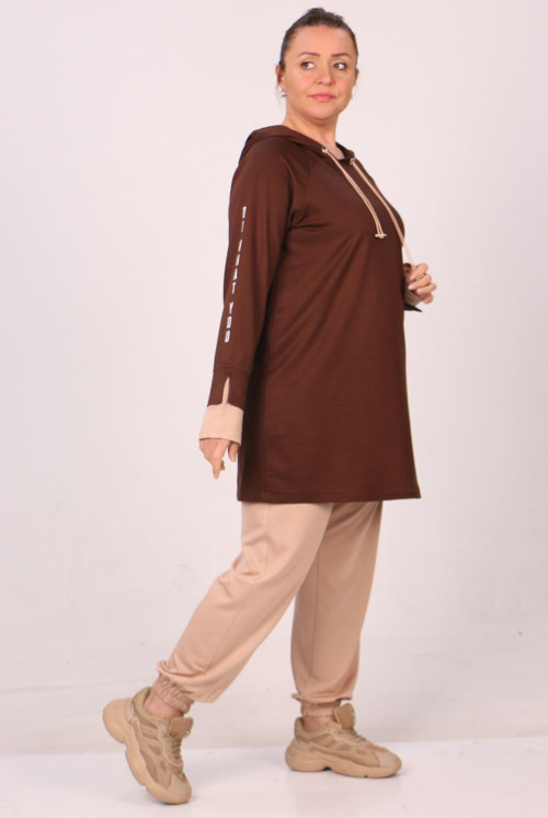 47015 Plus Size arm Baskılı Kristal Two Yarn Netting Track suit suit-Brown