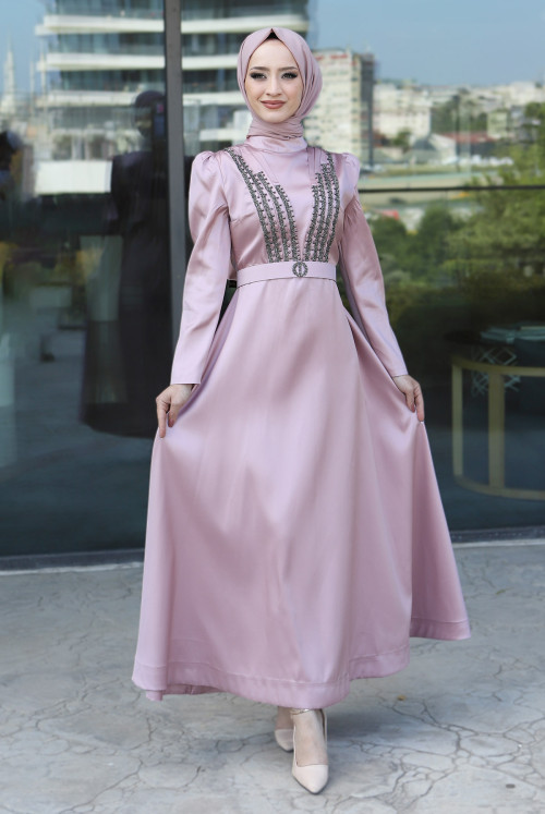 Belt Detailed Evening Dress TSD220543 Light Pink