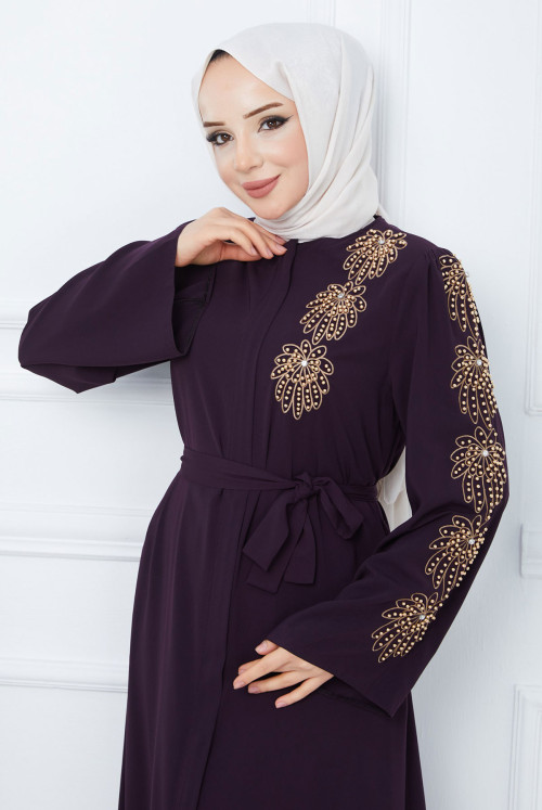 arm Boncuk Inlaid Belted Hijab Abayas TSD240203 Damson